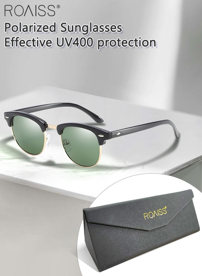 Polarized Oval Sunglasses for Men Women, UV400 Protection Sun Glasses with Metal Frame, Fashion Anti-Glare Sun Shades for Driving Fishing Traveling Cycling, Green, 50mm