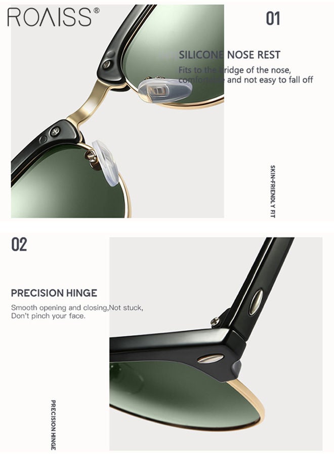 Polarized Oval Sunglasses for Men Women, UV400 Protection Sun Glasses with Metal Frame, Fashion Anti-Glare Sun Shades for Driving Fishing Traveling Cycling, Green, 50mm