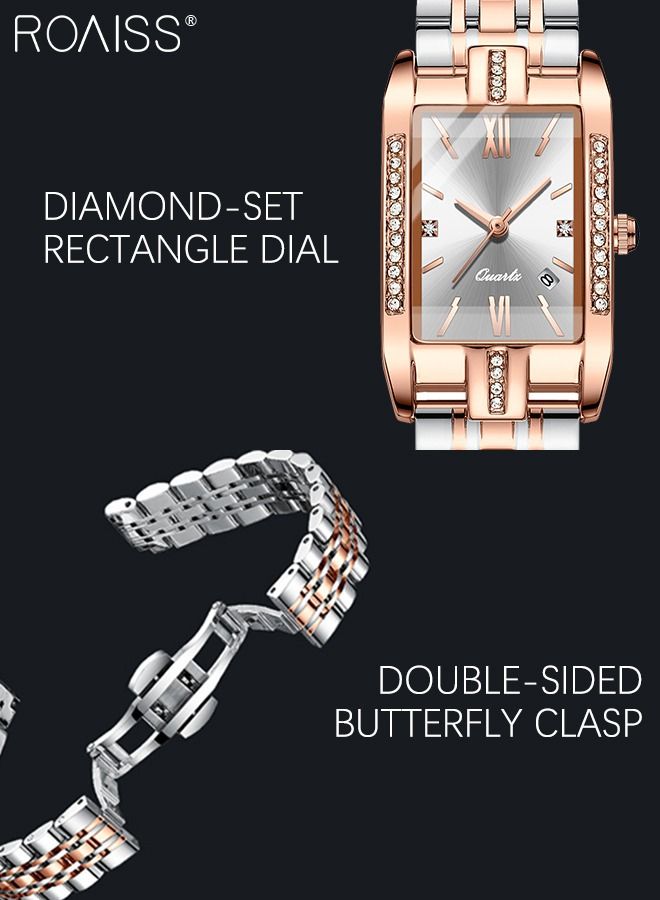 Women's Steel Strap Quartz Watch Analog Display Rectangle White Dial with Zirconium Diamond Decorated Bezel Waterproof Luxurious Wristwatch as Gift for Ladies