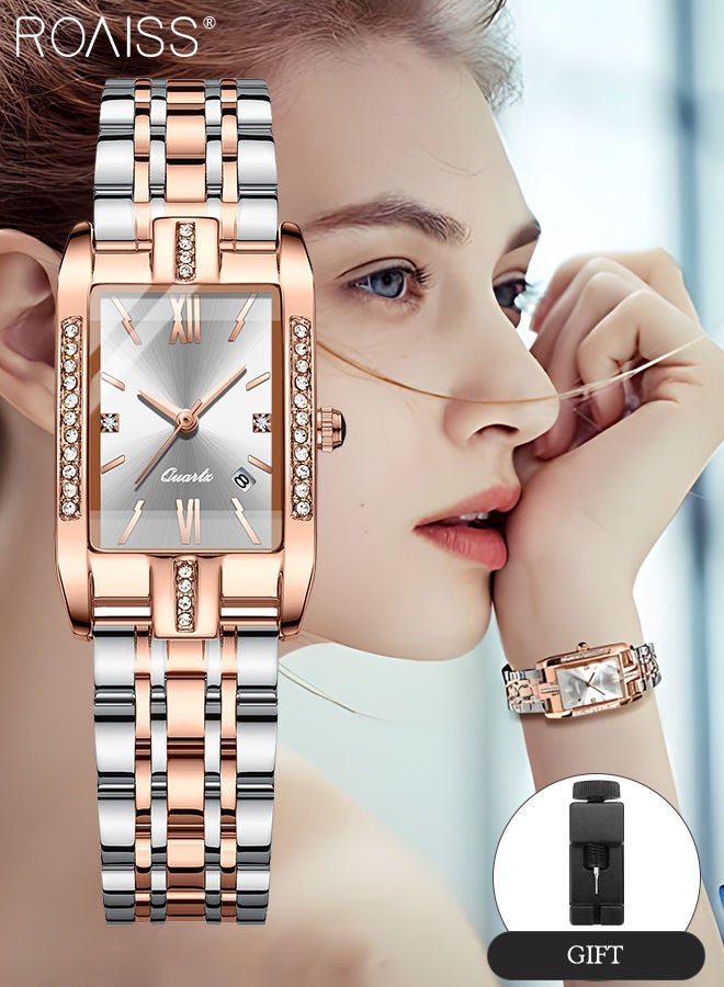 Women's Steel Strap Quartz Watch Analog Display Rectangle White Dial with Zirconium Diamond Decorated Bezel Waterproof Luxurious Wristwatch as Gift for Ladies