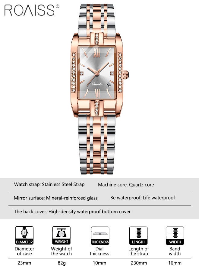 Women's Steel Strap Quartz Watch Analog Display Rectangle White Dial with Zirconium Diamond Decorated Bezel Waterproof Luxurious Wristwatch as Gift for Ladies