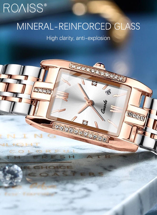 Women's Steel Strap Quartz Watch Analog Display Rectangle White Dial with Zirconium Diamond Decorated Bezel Waterproof Luxurious Wristwatch as Gift for Ladies