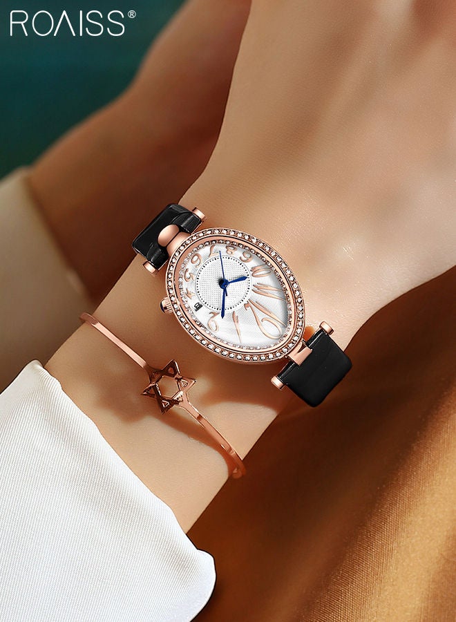 Women's Leather Strap Quartz Watch, Analog Display Oval Dial Watch with Rhinestone Decoration and Black Band, Waterproof Elegant Wristwatch as Gifts for Ladies