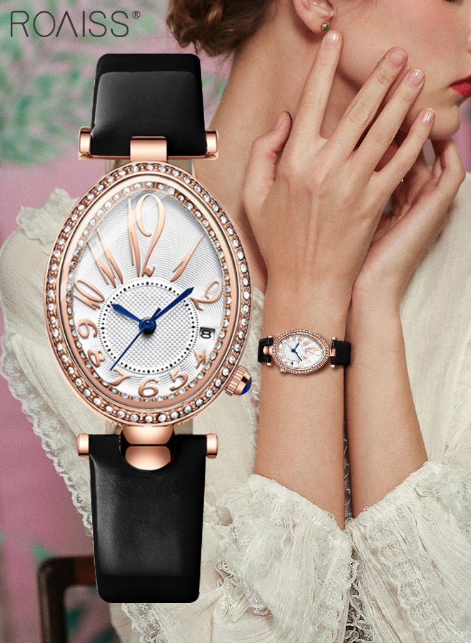 Women's Leather Strap Quartz Watch, Analog Display Oval Dial Watch with Rhinestone Decoration and Black Band, Waterproof Elegant Wristwatch as Gifts for Ladies