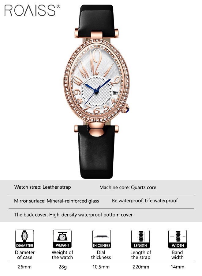 Women's Leather Strap Quartz Watch, Analog Display Oval Dial Watch with Rhinestone Decoration and Black Band, Waterproof Elegant Wristwatch as Gifts for Ladies