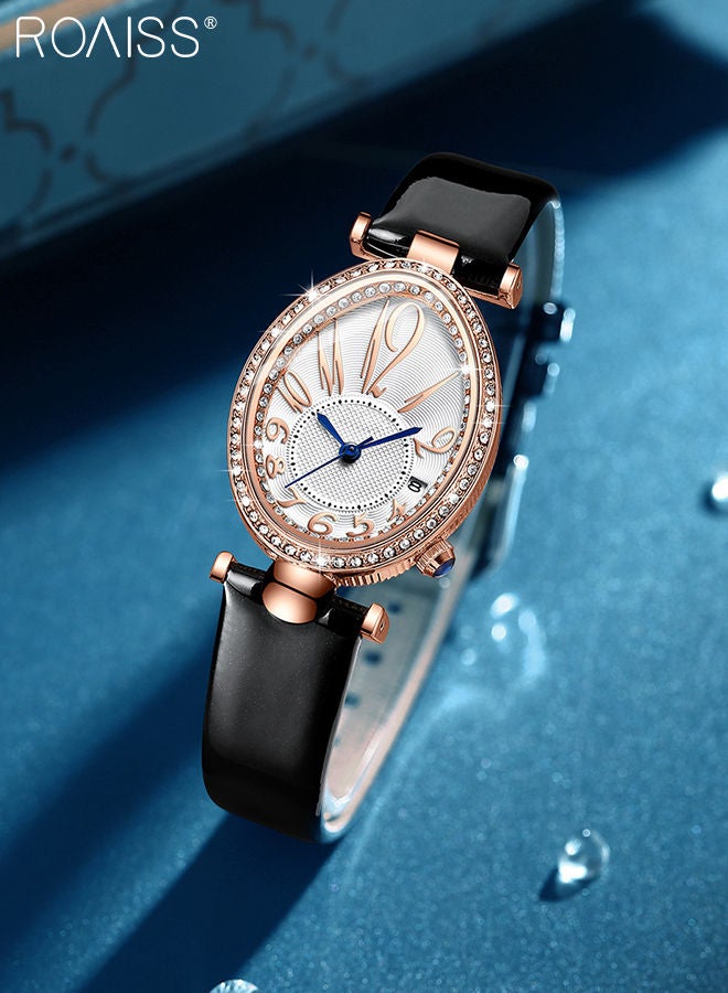 Women's Leather Strap Quartz Watch, Analog Display Oval Dial Watch with Rhinestone Decoration and Black Band, Waterproof Elegant Wristwatch as Gifts for Ladies
