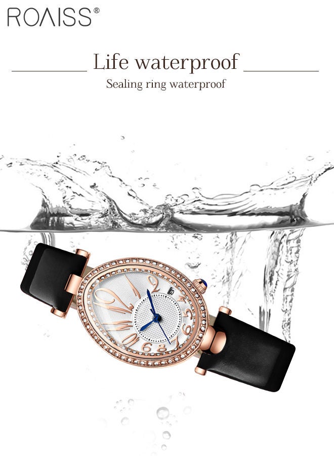 Women's Leather Strap Quartz Watch, Analog Display Oval Dial Watch with Rhinestone Decoration and Black Band, Waterproof Elegant Wristwatch as Gifts for Ladies