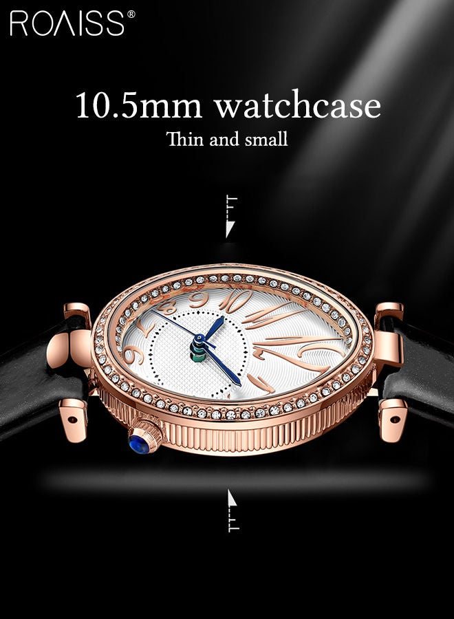 Women's Leather Strap Quartz Watch, Analog Display Oval Dial Watch with Rhinestone Decoration and Black Band, Waterproof Elegant Wristwatch as Gifts for Ladies