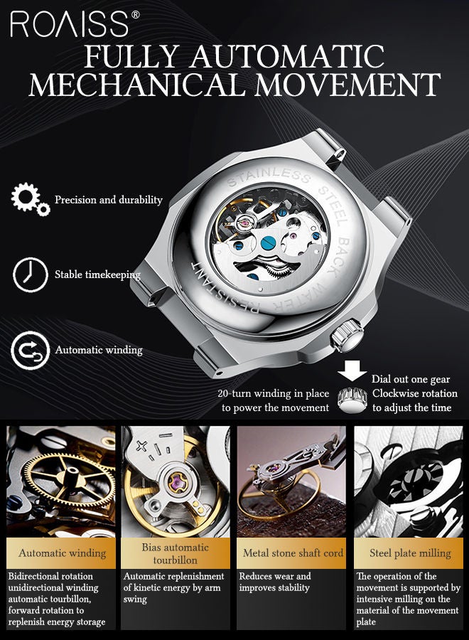 Men's Stainless Steel Strap Mechanical Watch Analog Display Round Black Dial with Hollow Design Waterproof Luminous Wristwatch as Gift for Men