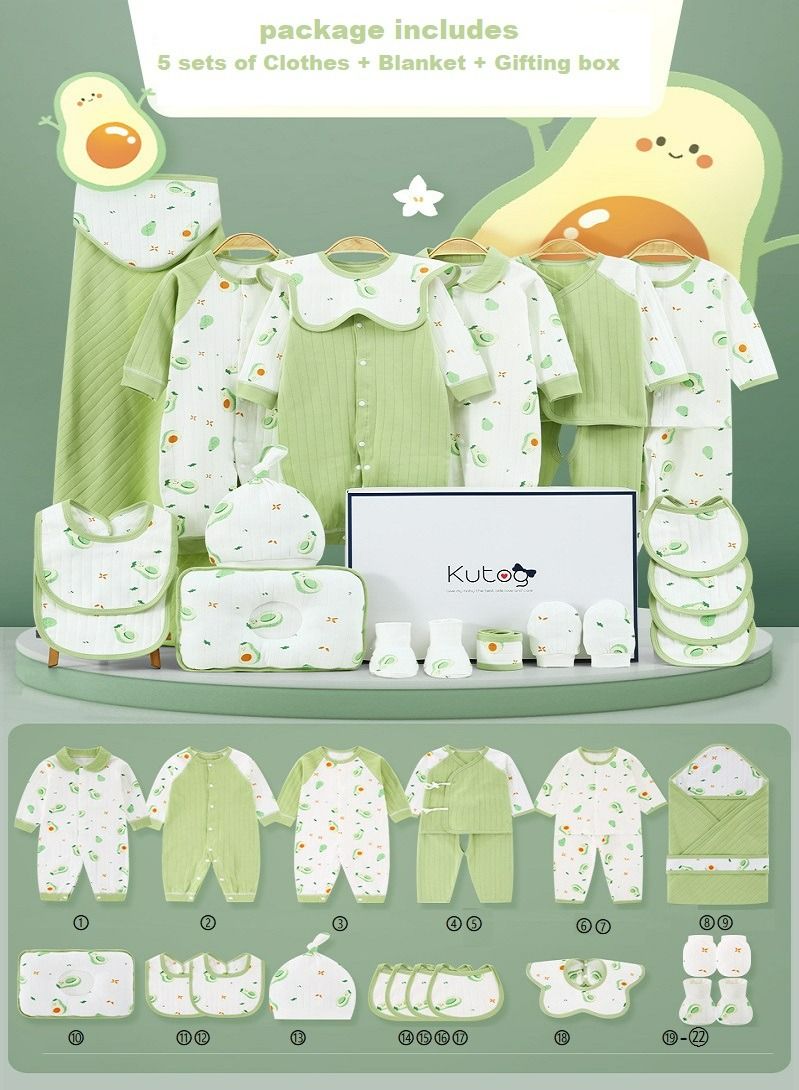 22pcs Olive Green Cotton Baby Gift Box Newborn Carryover Clothing Gift Set