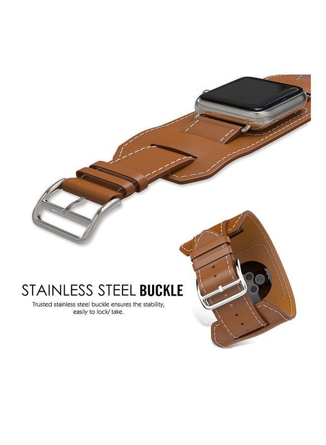 PU Leather Watch Band Strap With Screen Protector For 42mm Apple Brown