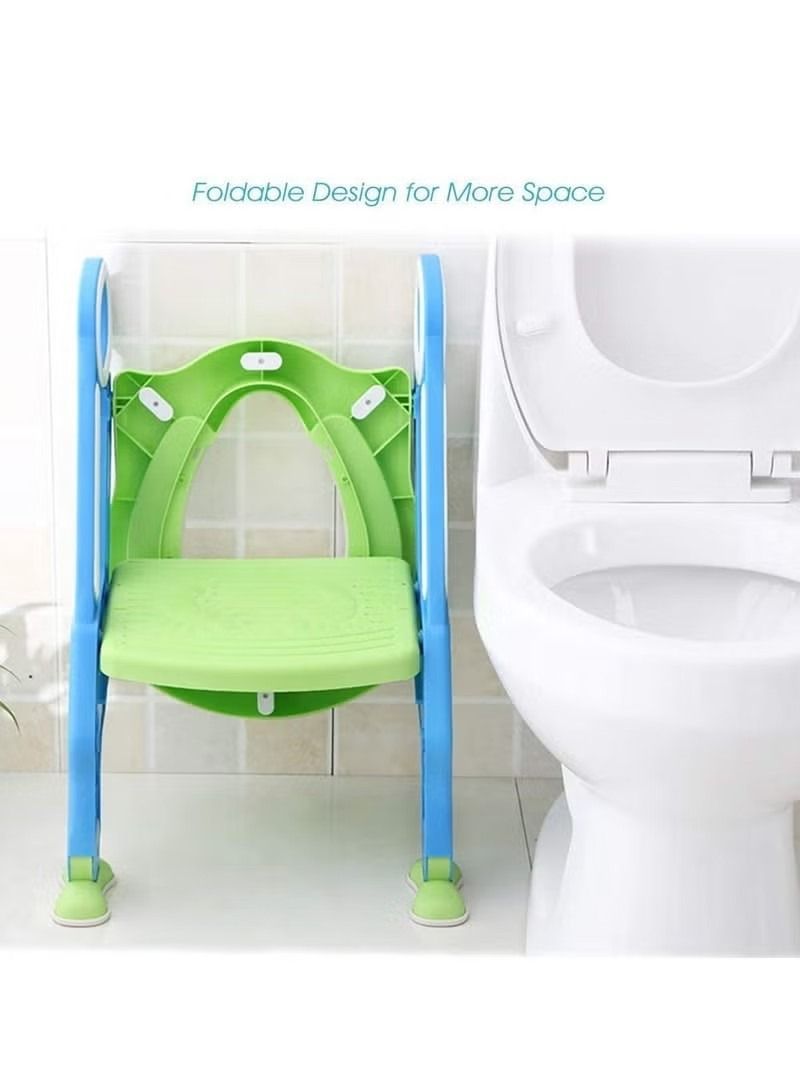 Potty Training Toilet Seat with Step Stool Ladder for Boys and Girls Baby Toddler Kid Children Toilet Training Seat Chair with Handles Padded Seat Non-Slip Wide Step (Blue Green)