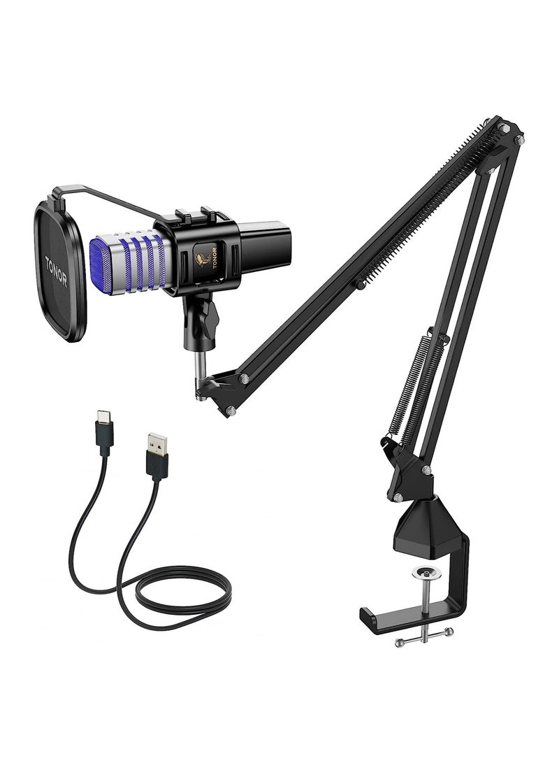 TONOR USB Gaming Microphone, RGB Streaming Microfono Set, PC Podcast Recording Computer Mic for PS4/5, Discord, Twitch, Cardioid Condenser Mic with Adjustable Boom Arm Stand TC30S+