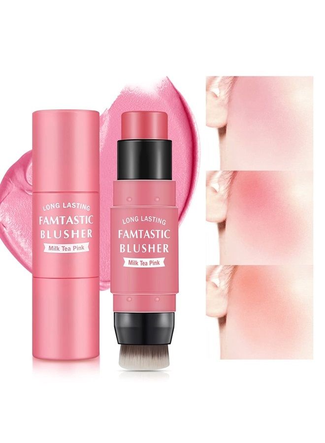 Cream Blush Stick for Cheeks Blush Makeup - 2 in 1 Multi Stick Blush for Cheeks Tint & Eyes & Lips, Cheek Makeup Stick Makeup Blush with Brush, Waterproof Creme Blush (#01 Cherry Pink)