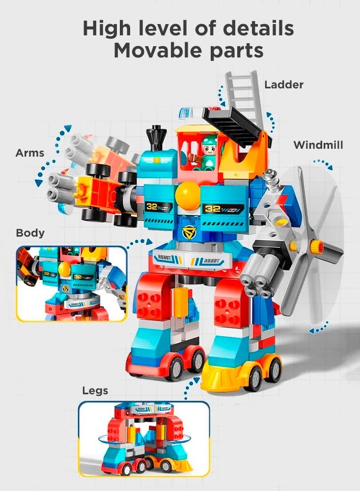 Vehicles Set 6 in 1 for Boys and Girls 2-5 Years Old, Police Car and Fire Truck, Robot, Train and Helicopter, Big Blocks Building Set FL1699 (172 Pieces)