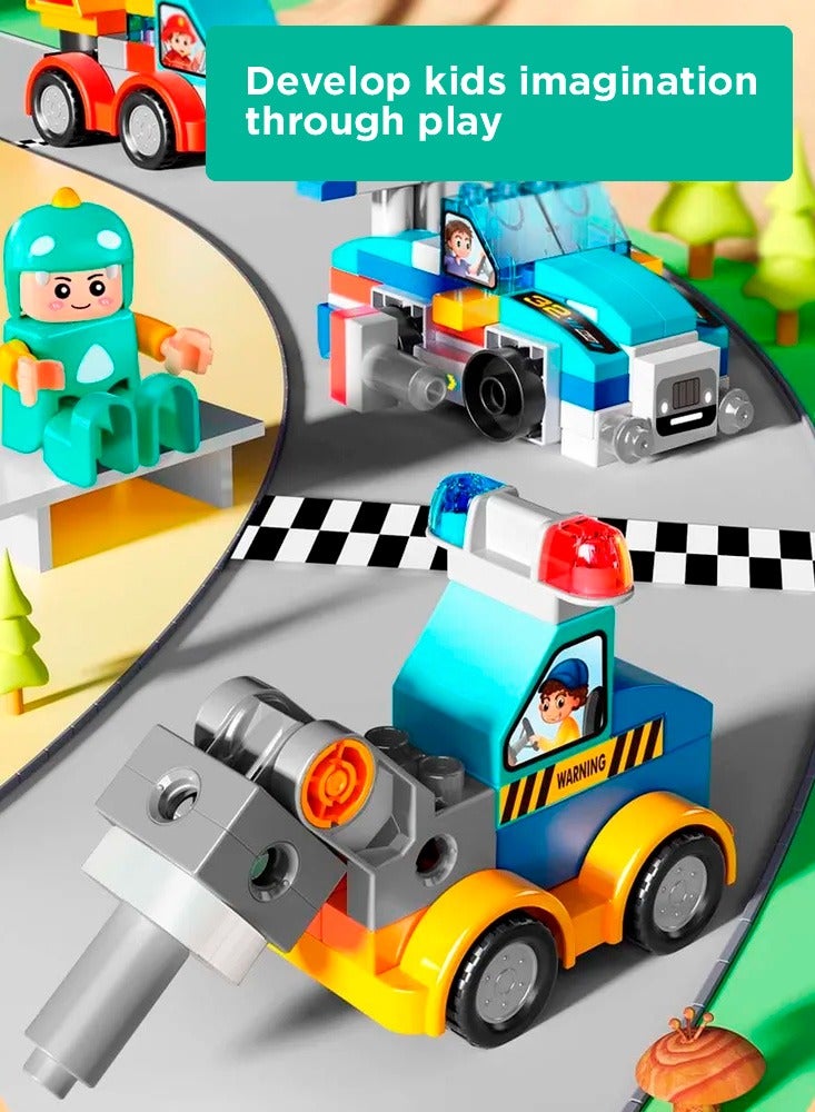Vehicles Set 6 in 1 for Boys and Girls 2-5 Years Old, Police Car and Fire Truck, Robot, Train and Helicopter, Big Blocks Building Set FL1699 (172 Pieces)
