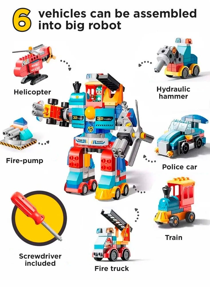 Vehicles Set 6 in 1 for Boys and Girls 2-5 Years Old, Police Car and Fire Truck, Robot, Train and Helicopter, Big Blocks Building Set FL1699 (172 Pieces)