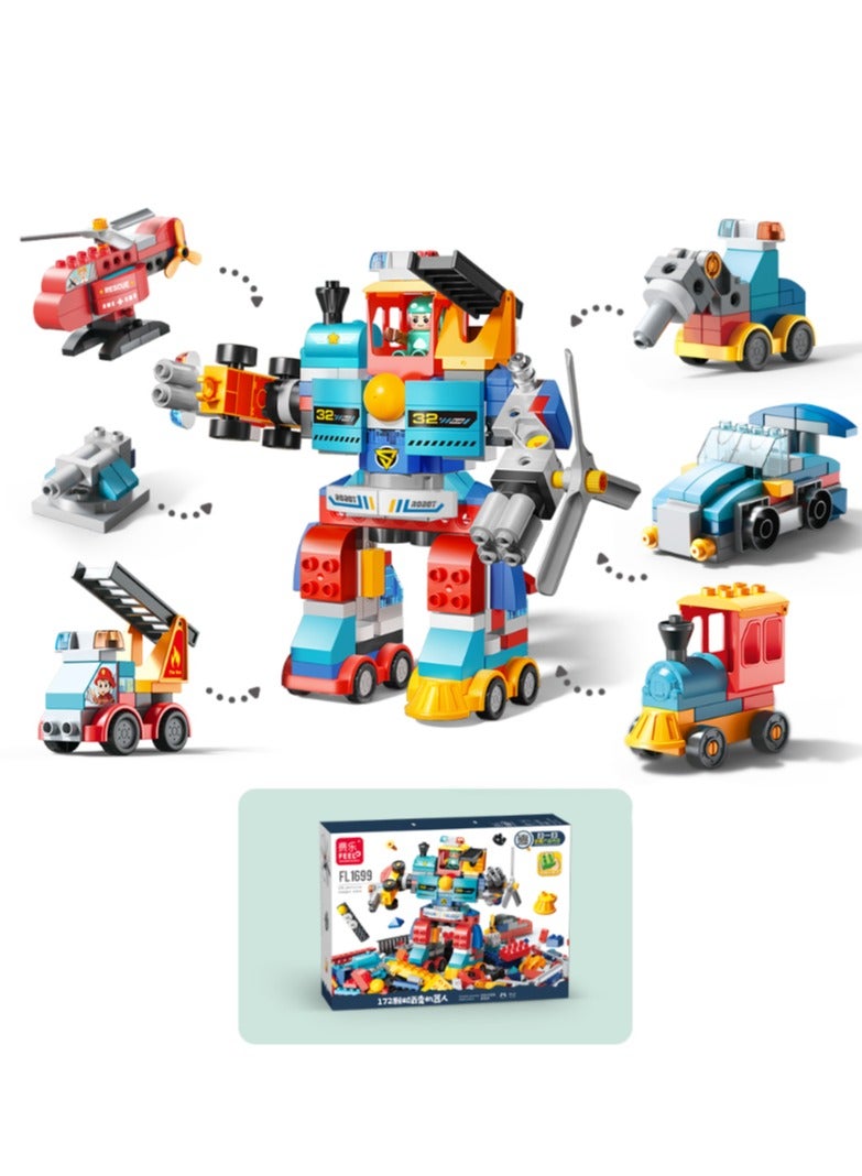 Vehicles Set 6 in 1 for Boys and Girls 2-5 Years Old, Police Car and Fire Truck, Robot, Train and Helicopter, Big Blocks Building Set FL1699 (172 Pieces)