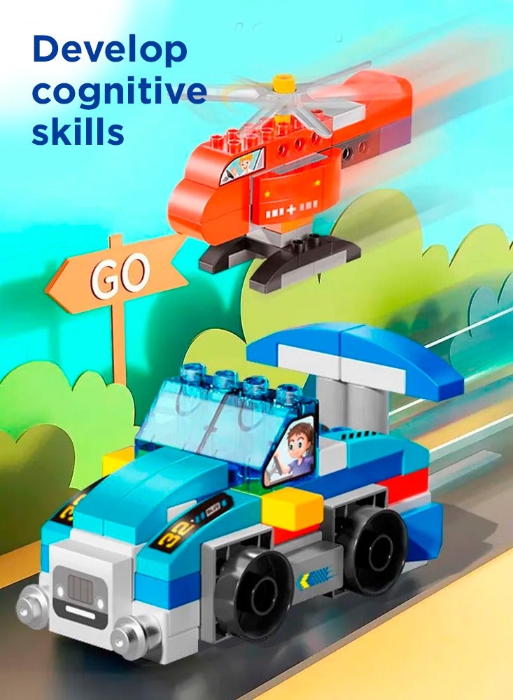 Vehicles Set 6 in 1 for Boys and Girls 2-5 Years Old, Police Car and Fire Truck, Robot, Train and Helicopter, Big Blocks Building Set FL1699 (172 Pieces)