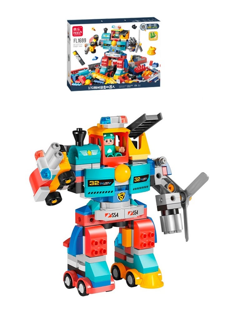 Vehicles Set 6 in 1 for Boys and Girls 2-5 Years Old, Police Car and Fire Truck, Robot, Train and Helicopter, Big Blocks Building Set FL1699 (172 Pieces)