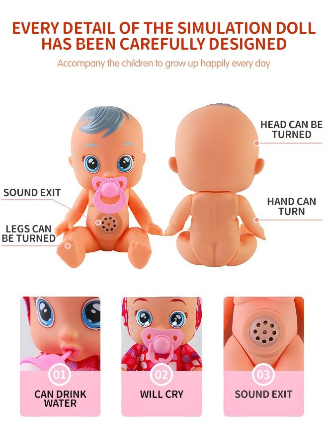 8 Inch Cute Cry Baby Doll Dreamy Interactive Realistic 3D Simulation Baby Doll, Normal, Drink and Cry Little Dolls with 4 Emotions Baby Sounds