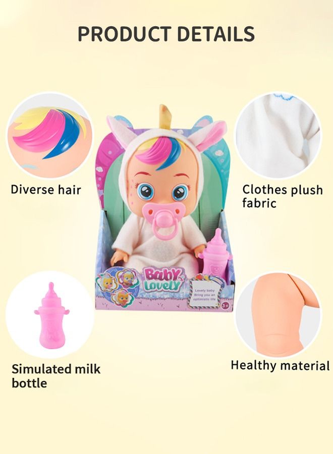 8 Inch Cute Cry Baby Doll Dreamy Interactive Realistic 3D Simulation Baby Doll, Normal, Drink and Cry Little Dolls with 4 Emotions Baby Sounds