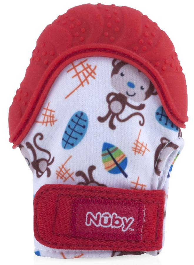Nuby Soothing Teething Mitten with Hygienic Travel Bag, Red Monkey, 1 Count (Pack of 1)