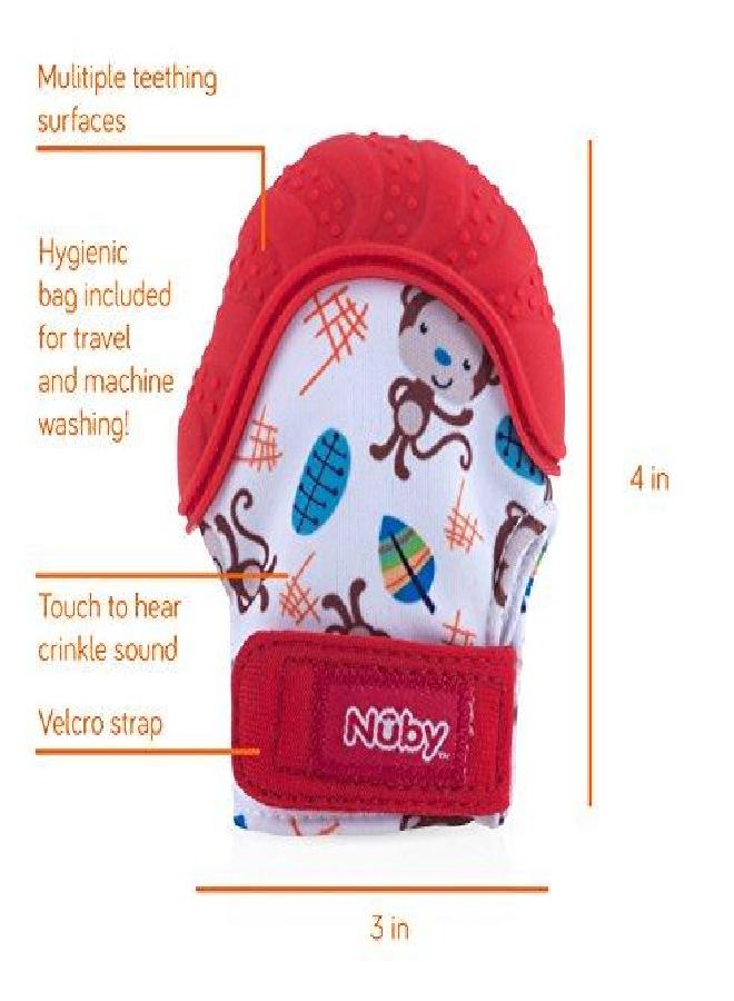 Nuby Soothing Teething Mitten with Hygienic Travel Bag, Red Monkey, 1 Count (Pack of 1)