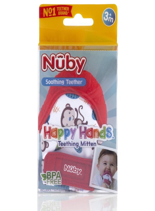 Nuby Soothing Teething Mitten with Hygienic Travel Bag, Red Monkey, 1 Count (Pack of 1)