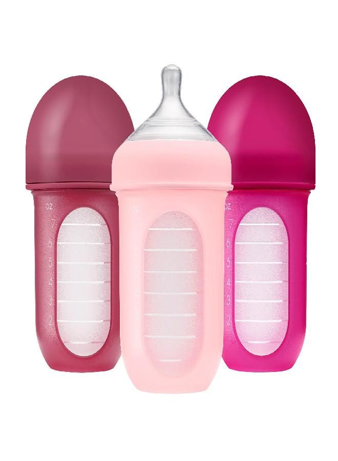 Boon Nursh Stage 2 Medium Flow Reusable Silicone Baby Bottles with Collapsible Silicone Pouch Design - Everyday Baby Essentials - Pink - 8 Ounce - 3 Count