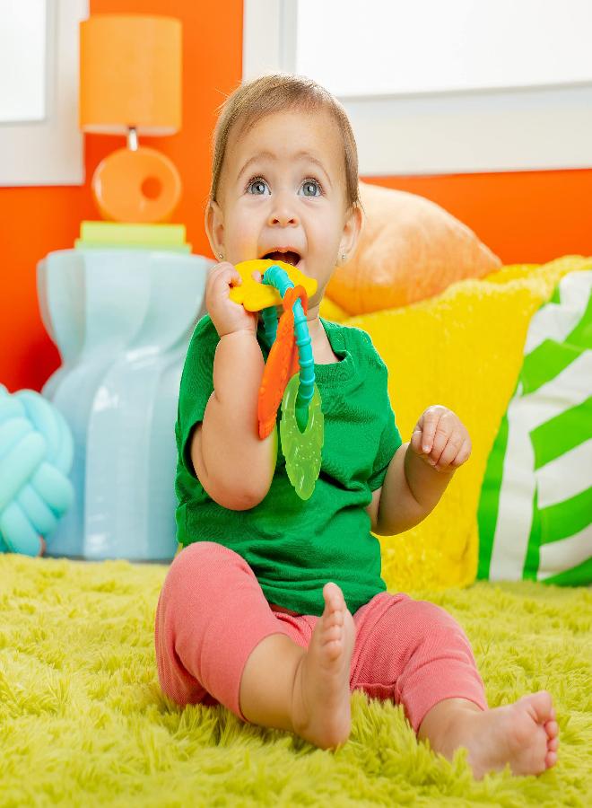 Bright Starts Tropical Chews Silicone Teething Ring - BPA-Free Monkey, Leaf, Banana - Unisex, 3 Months +
