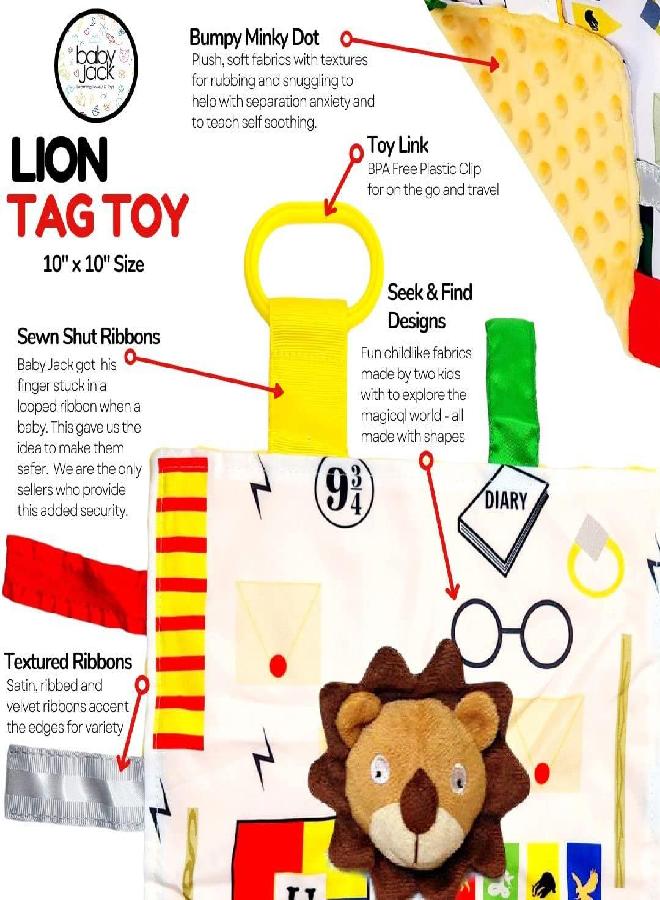 10x10” Wizard Muggle Baby Lovey Gryffen Lion Tag Toy for Babies - Muggles - House Colors - Learn Wizardry - Soft & Safe - Learn Shapes & Colors - Ideal Baby Toy & Baby Gift - BPA Free w/Stroller Clip