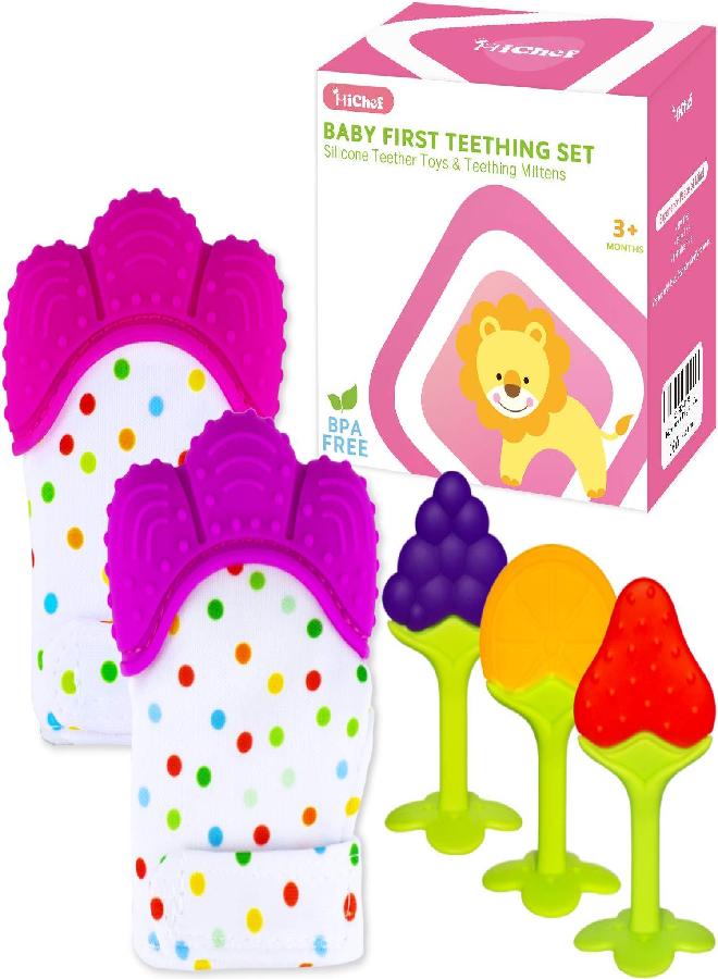 Teething Mittens for Baby (2 Pack) with Baby Teething Toys (3 Pack), Self Soothing Pain Relief Mitt, Silicone Baby Teethers, BPA-Free, Natural Organic Freezer Safe for Infants and Toddlers