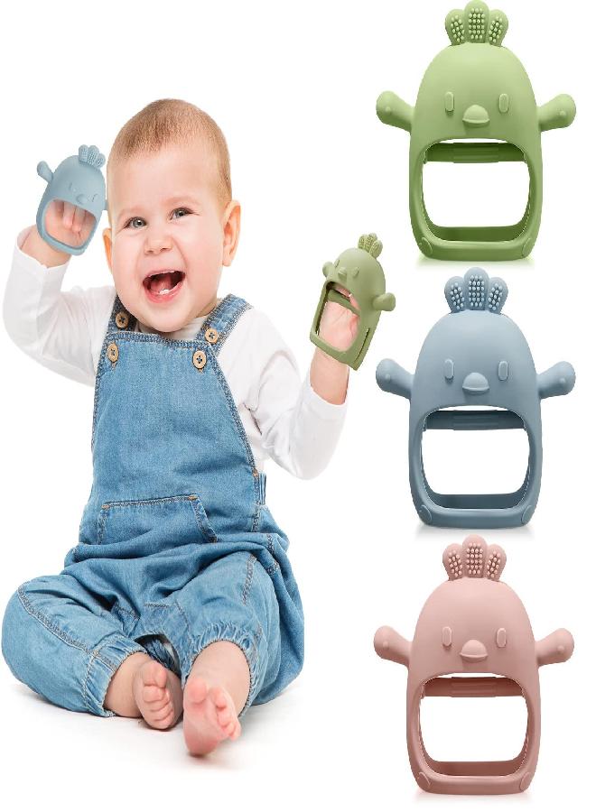 3 Packs Baby Teething Toy Silicone Teething Toys for Babies 0-6 Months 6-12 Months Anti Dropping Wrist Hand Teethers Mitten Baby Chew Toys for Sucking Needs (Blue, Green, Flesh Pink)
