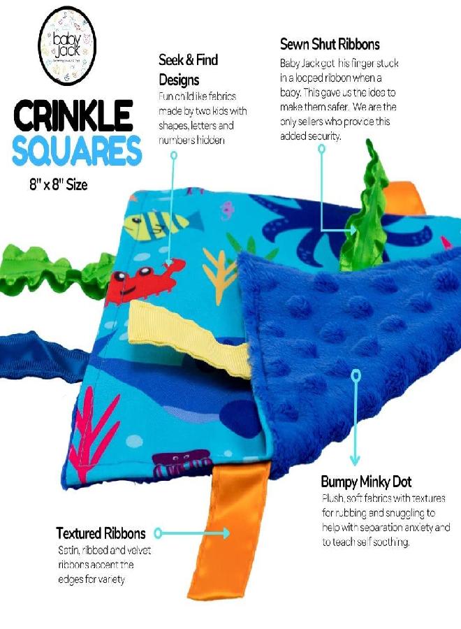 Baby Jack & Co 8x8” Ocean Lovey Tag Toys for Babies - Baby Crinkle Toys - Crinkle Toys for Baby - Soft & Safe - Learn Shapes & Colors - Ideal Baby Toy & Shower - BPA Free w/Stroller Clip