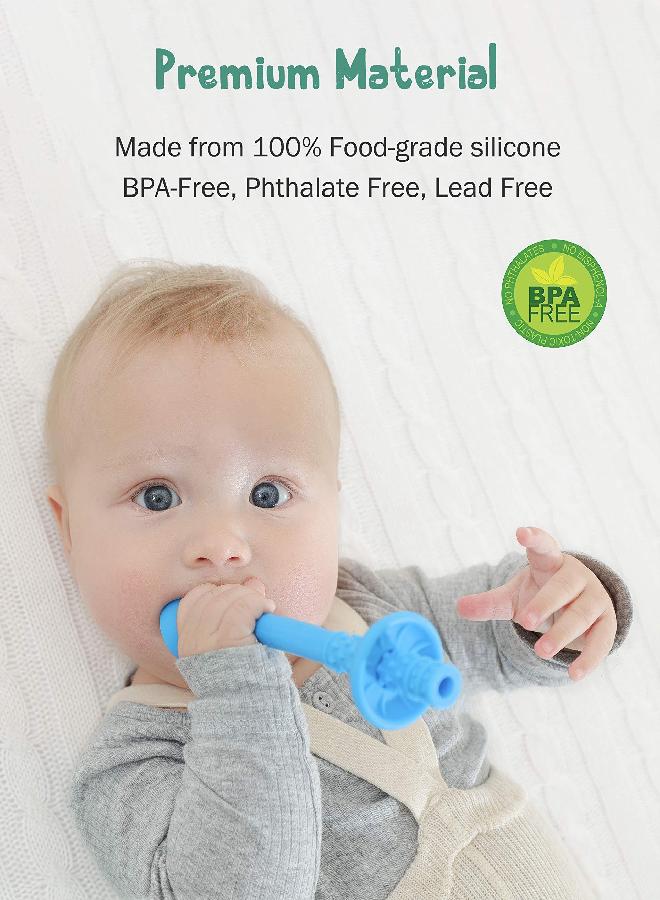 Teething Tube with Safety Shield Baby Hollow Teether Sensory Toys Gum Massager, Food-Grade Silicone for Infant 3-12 Months Boys Girls, 1 Pair with 4 Cleaning Brush Included (Emerald+Blue)