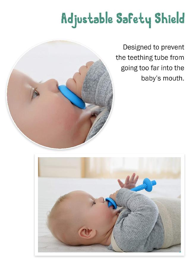 Teething Tube with Safety Shield Baby Hollow Teether Sensory Toys Gum Massager, Food-Grade Silicone for Infant 3-12 Months Boys Girls, 1 Pair with 4 Cleaning Brush Included (Emerald+Blue)
