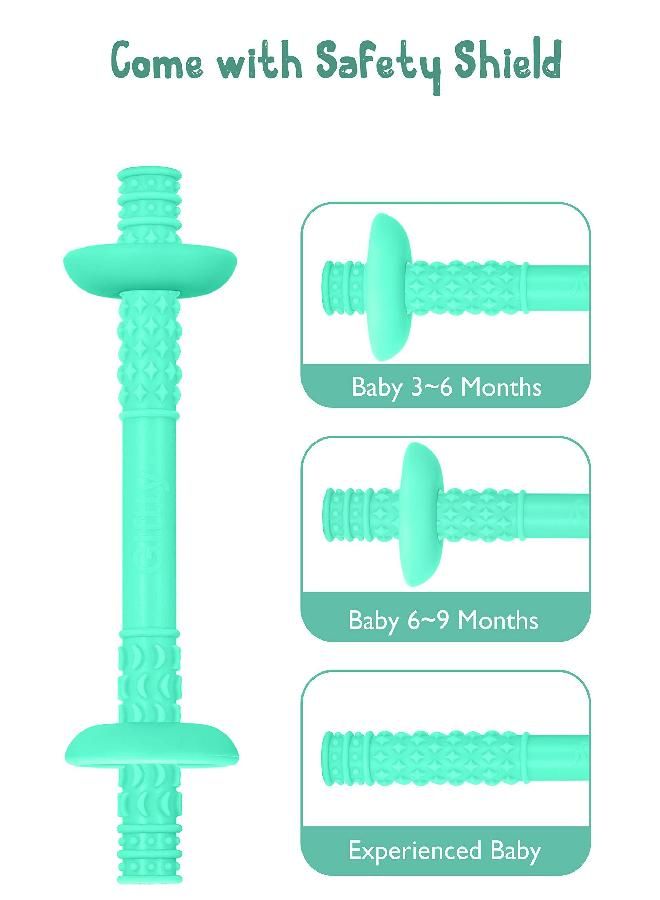 Teething Tube with Safety Shield Baby Hollow Teether Sensory Toys Gum Massager, Food-Grade Silicone for Infant 3-12 Months Boys Girls, 1 Pair with 4 Cleaning Brush Included (Emerald+Blue)