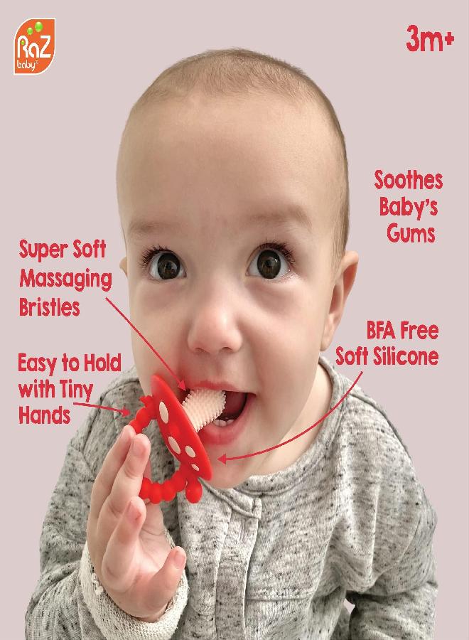 RaZbaby Soft Silicone Infant & Baby 3M+ Teether Toy Massaging Bristles Teething Relief Pacifier - Soothes Sore Gums - Hands-Free & Easy-to-Hold Chompy Teether, BPA Free (RED/Blue)