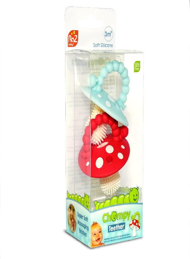RaZbaby Soft Silicone Infant & Baby 3M+ Teether Toy Massaging Bristles Teething Relief Pacifier - Soothes Sore Gums - Hands-Free & Easy-to-Hold Chompy Teether, BPA Free (RED/Blue)