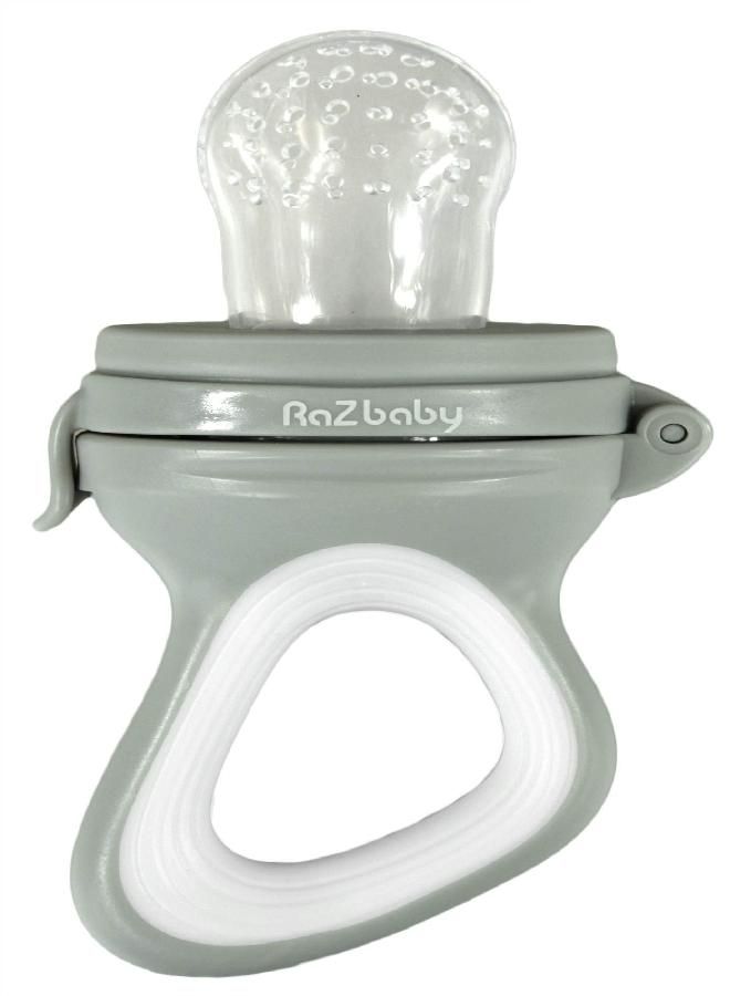 RaZbaby Baby Fruit Feeder/Food Feeder Pacifier | Infant Teething Toy Teether 6M+, Add Baby's Favorite Frozen Fruit or Fresh Food for Teething Relief, Silicone Pouch/Nipple, BPA Free (Grey)