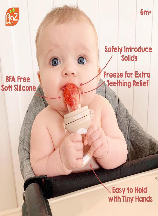 RaZbaby Baby Fruit Feeder/Food Feeder Pacifier, Infant Teething Toy Teether 6M+, Add Baby's Favorite Frozen Fruit or Fresh Food for Teething Relief, Silicone Pouch/Nipple, BPA Free, Tan