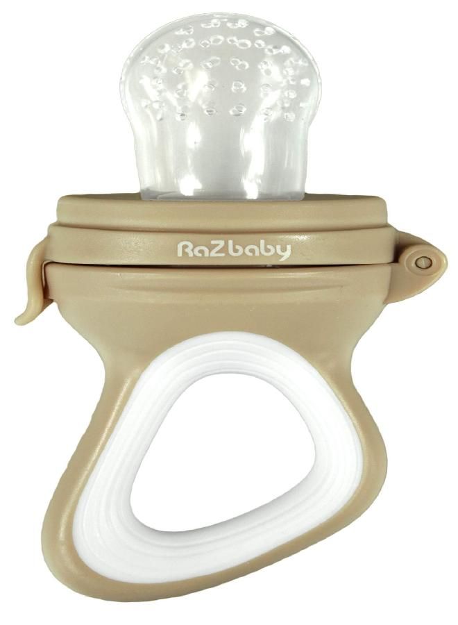 RaZbaby Baby Fruit Feeder/Food Feeder Pacifier, Infant Teething Toy Teether 6M+, Add Baby's Favorite Frozen Fruit or Fresh Food for Teething Relief, Silicone Pouch/Nipple, BPA Free, Tan