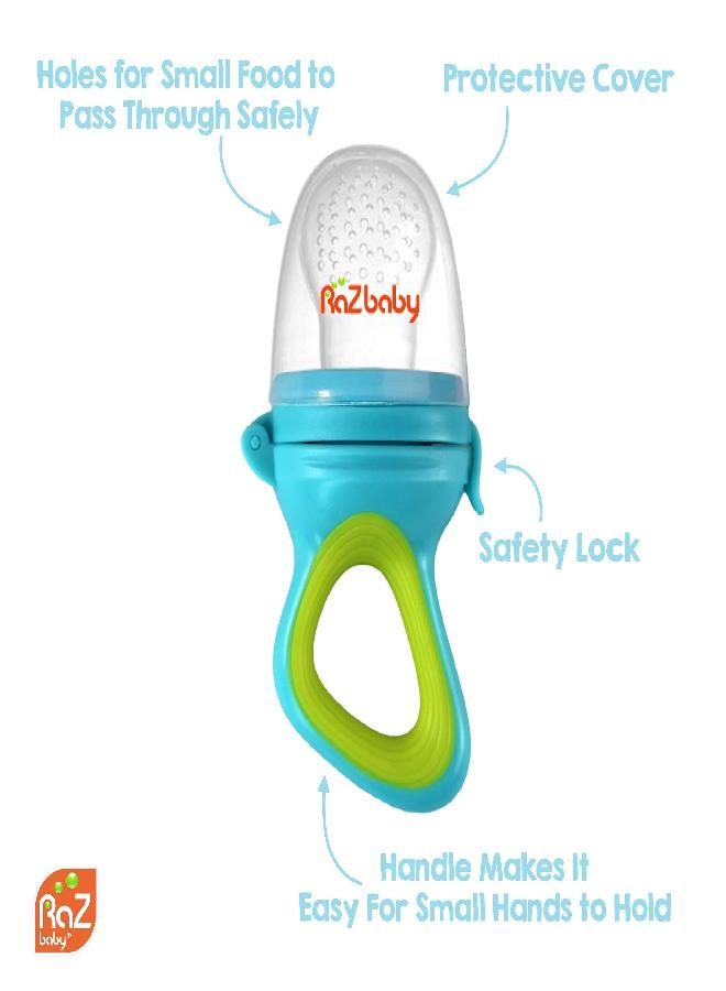 RaZbaby Baby Fruit Feeder/Food Feeder Pacifier, Infant Teething Toy Teether 6M+, Add Baby's Favorite Frozen Fruit or Fresh Food for Teething Relief, Silicone Pouch/Nipple, BPA Free, Tan