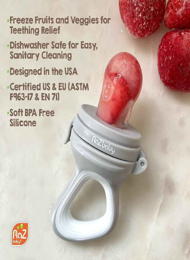 RaZbaby Baby Fruit Feeder/Food Feeder Pacifier, Infant Teething Toy Teether 6M+, Add Baby's Favorite Frozen Fruit or Fresh Food for Teething Relief, Silicone Pouch/Nipple, BPA Free, Tan