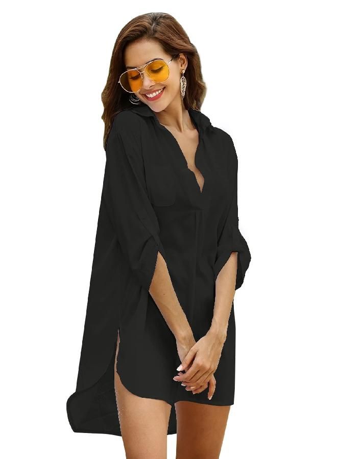 Ekouaer Swimsuit Cover Up Henley Shirts Beachwear for Women Black
