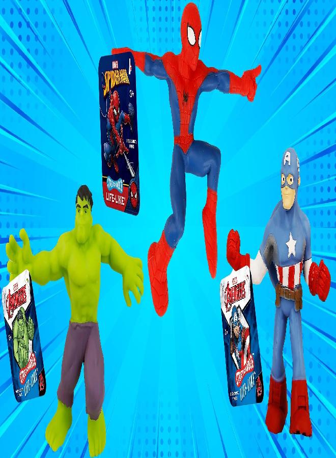 JA-RU Marvel Avengers Stretchy Toys Heroes Squish & Pull Toys (3 Units Assorted) Hulk Captain America & Spiderman Anxiety Calming Fidget Toy, Stress Toys for Kids & Boys Toys DEF-6900-3