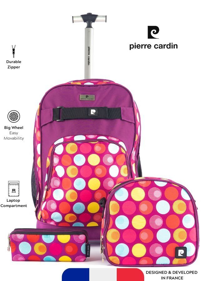 Pierre Cardin Trolley Backpack Set of 3-Purple Polka Dots Design