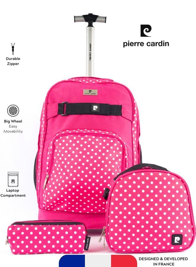 Pierre Cardin Trolley Backpack Set of 3-Pink White Dots Design