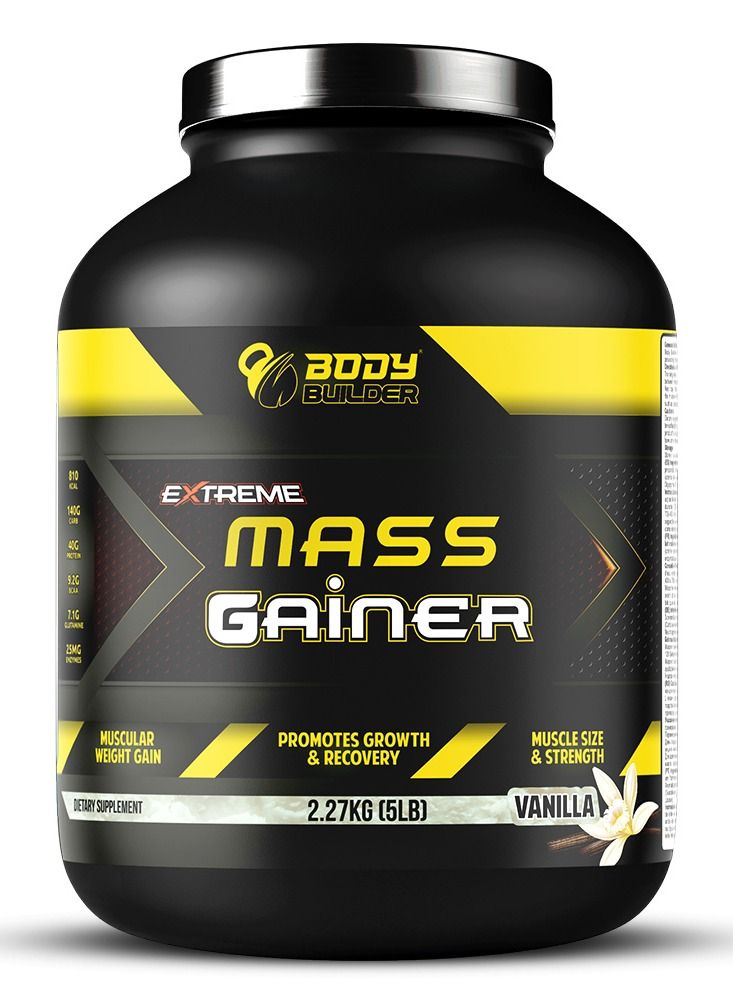 Extreme Mass Gainer - Vanilla Flavor, 5 LB - BCAAs, Glutamine, Digestive Enzymes,Muscle Growth, Weight Gainer